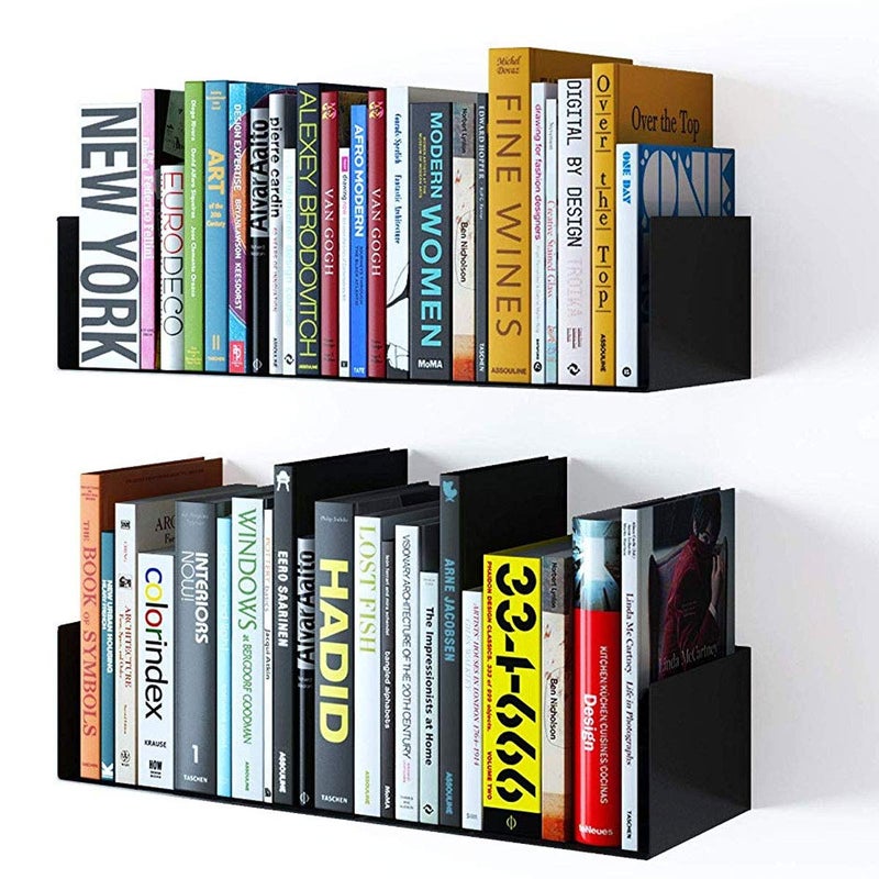 Wallniture Bali Floating Wall Mount Metal U Shape Shelf Book CD DVD Storage Display Bookcase Black Set of 2 - Image 1